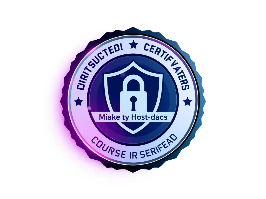 A digital badge representing industry-recognized certifications is displayed prominently, symbolizing the value and credibility of the courses. The badge features a modern design with security-themed graphics.